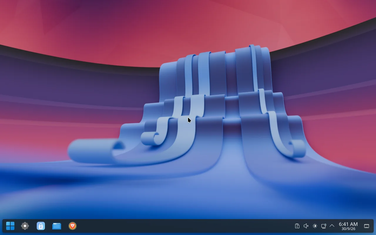 The Zohara OS desktop: a blue and coral wallpaper, with a taskbar along the bottom holding the Start button, Settings, Software Store, Files and Brave Origin.